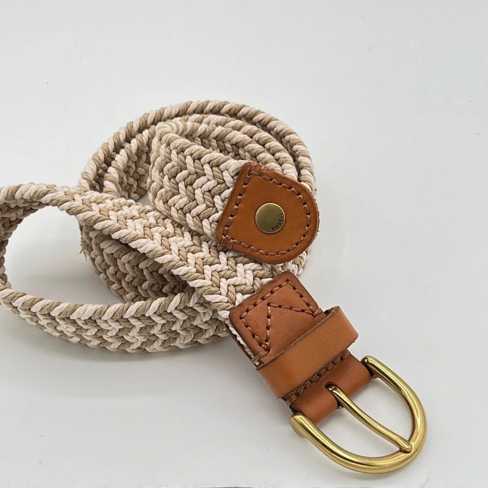 Fossil Braided Elastic Belt Unisex Size L Tan Cream Chevron‎ Brass Buckle Casual
